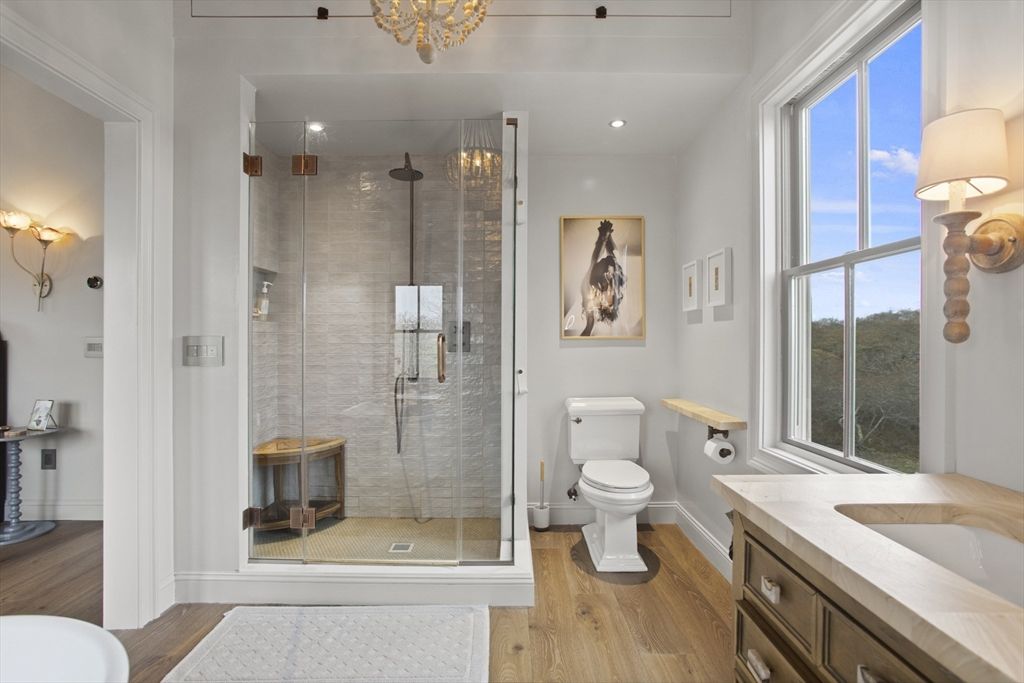 Bathroom, Glass Shower, Interior, Recessed Lighting, Wood Texture Flooring