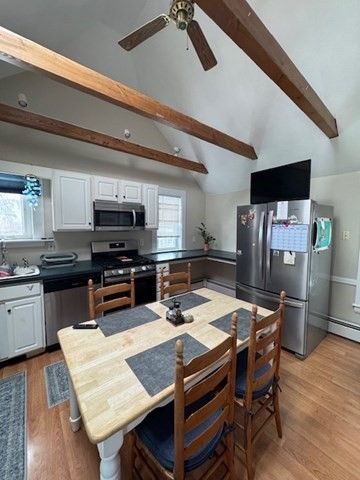 Dining room, Interior, Kitchen, Stainless Steel Appliances, Wooden Beams, Wood Texture Flooring
