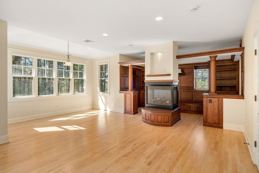 Empty room, Fireplace, Interior, Pendant Lights, Recessed Lighting, Wood Texture Flooring, Wooden Walls