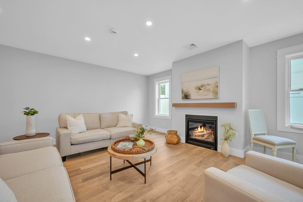 Fireplace, Interior, Living room, Recessed Lighting, Wood Texture Flooring