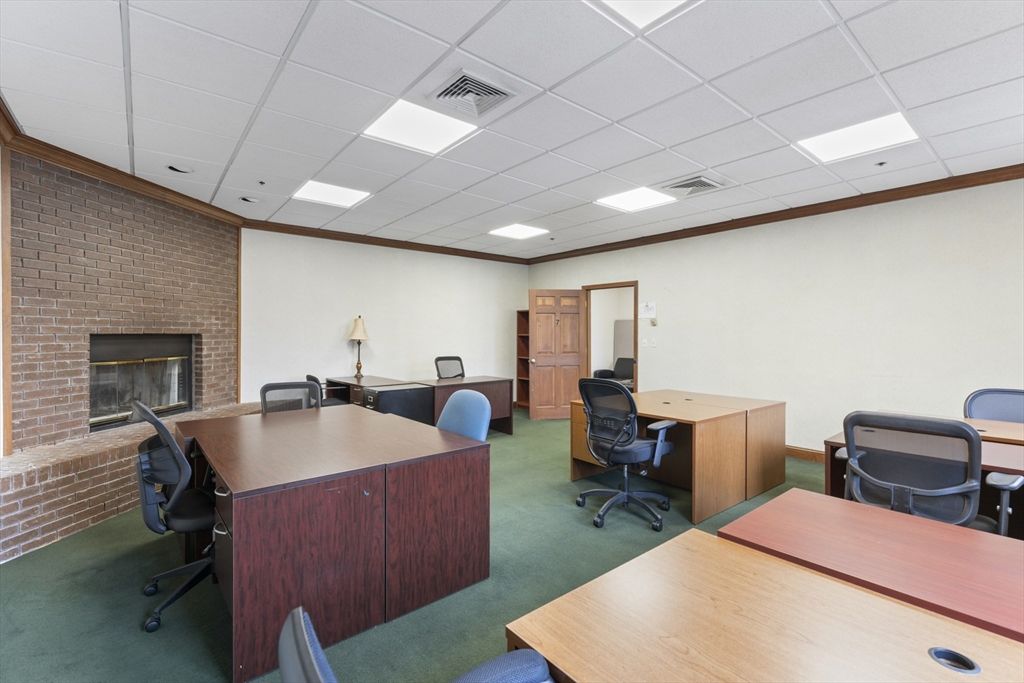 Fireplace, Home Office, Interior, Recessed Lighting, Stone Walls