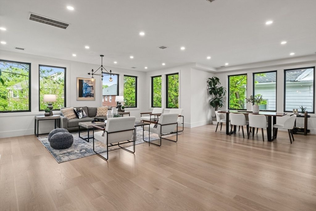 Dining room, Interior, Living room, Pendant Lights, Recessed Lighting, Wood Texture Flooring