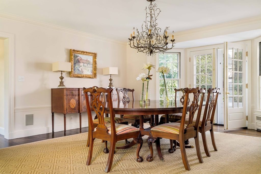 Chandelier, Dining room, Interior, Wood Texture Flooring
