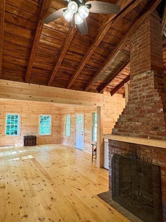Empty room, Fireplace, Interior, Stone Walls, Wooden Beams, Wooden Ceilings, Wood Texture Flooring, Wooden Walls