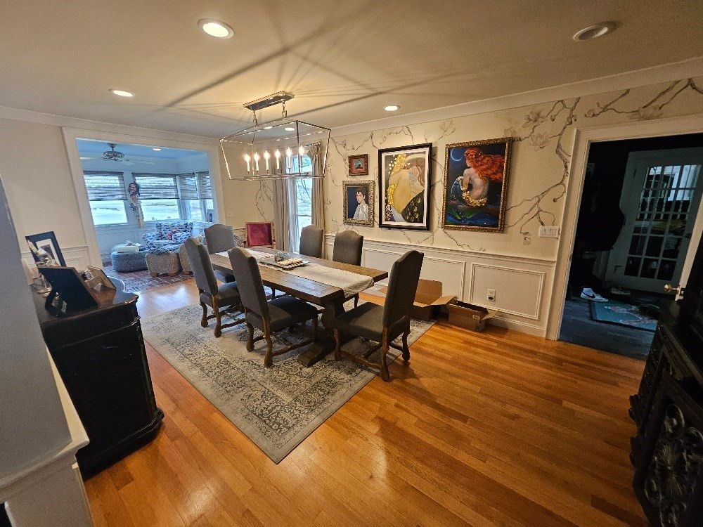 Dining room, Interior, Pendant Lights, Recessed Lighting, Wood Texture Flooring