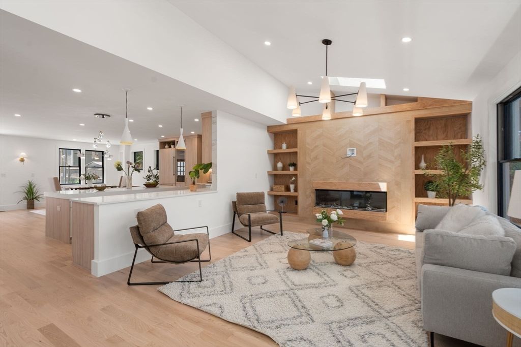 Fireplace, Interior, Kitchen, Living room, Pendant Lights, Recessed Lighting, Wood Texture Flooring