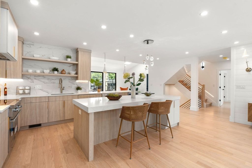 Interior, Kitchen, Marble Walls, Pendant Lights, Recessed Lighting, Wood Texture Flooring