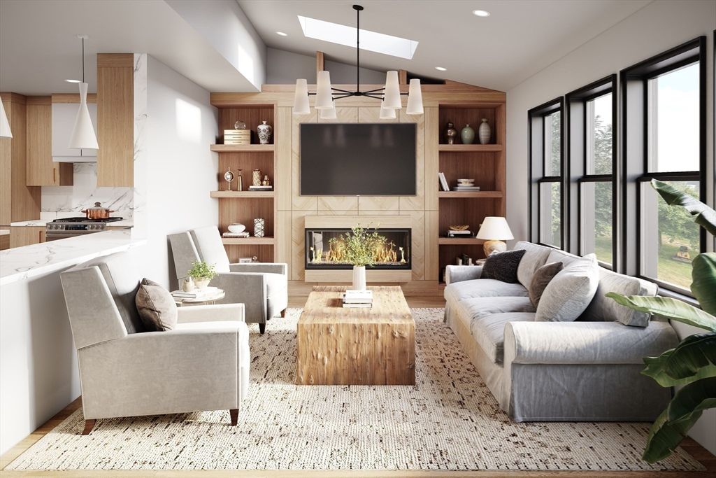 Fireplace, Interior, Living room, Pendant Lights, Recessed Lighting, Wood Texture Flooring