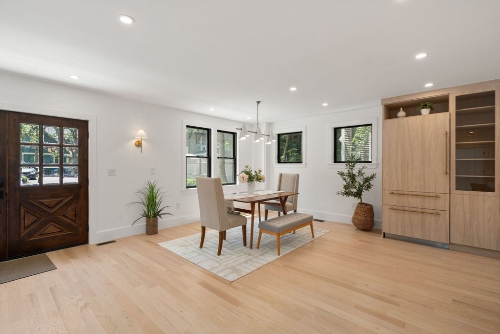 Dining room, Interior, Pendant Lights, Recessed Lighting, Wood Texture Flooring
