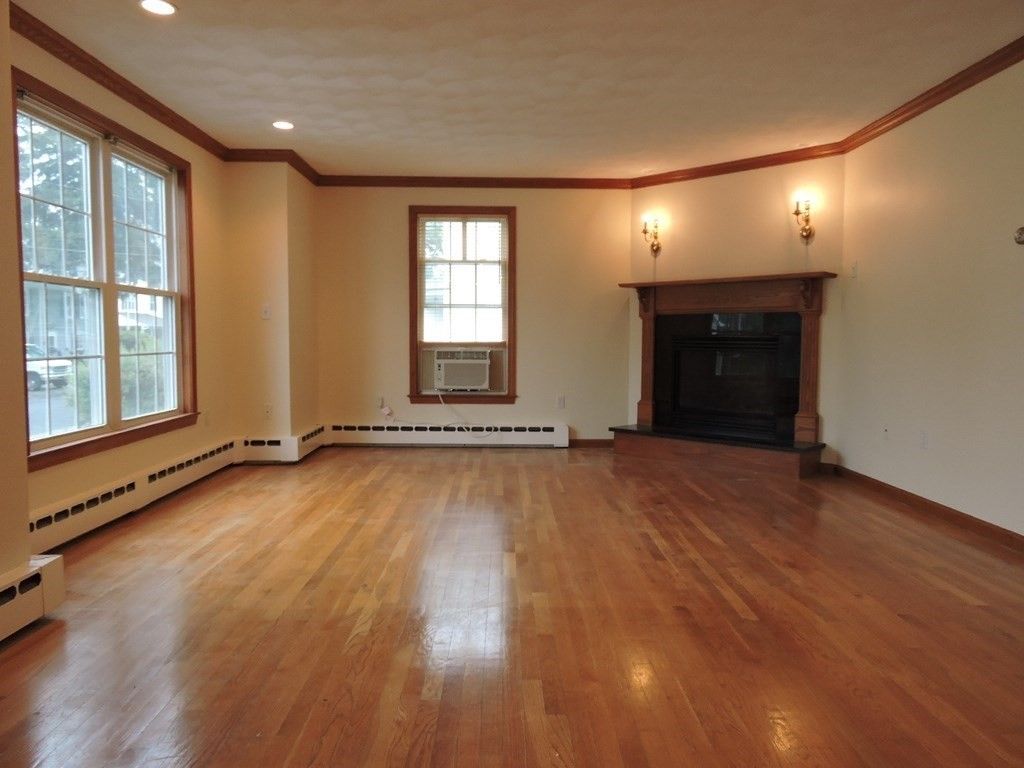 Empty room, Fireplace, Interior, Recessed Lighting, Wood Texture Flooring