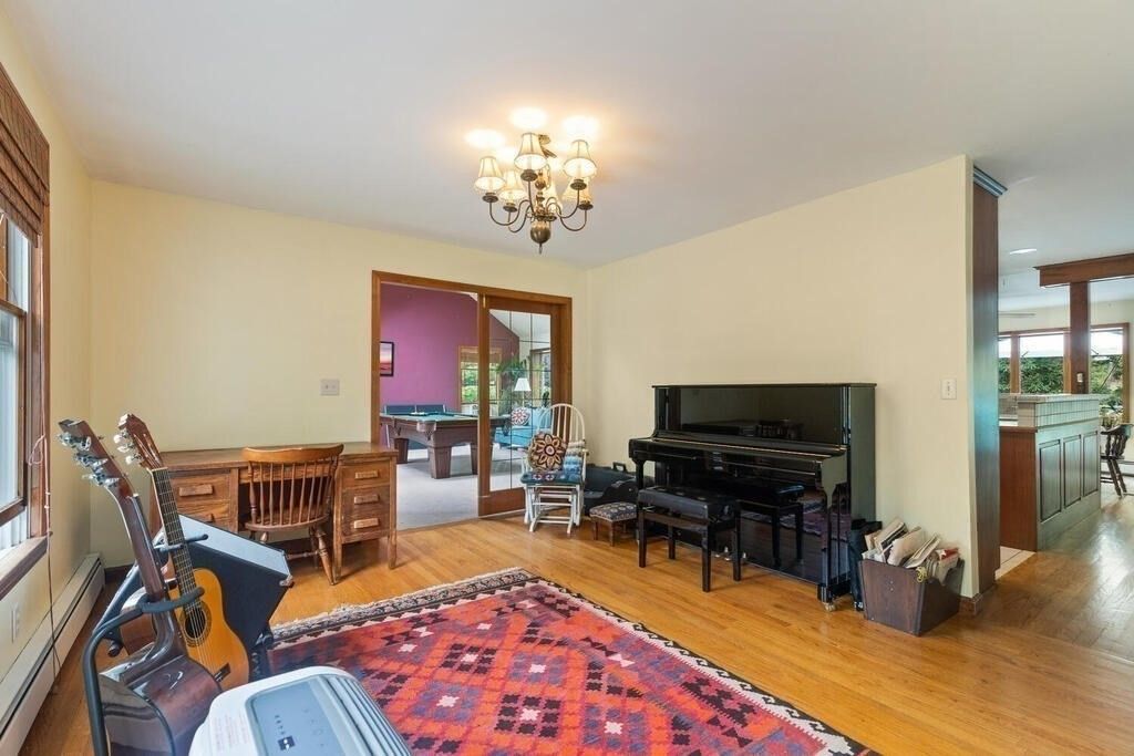 Billiard Table, Chandelier, Game Room, Interior, Piano, Recessed Lighting, Wood Texture Flooring