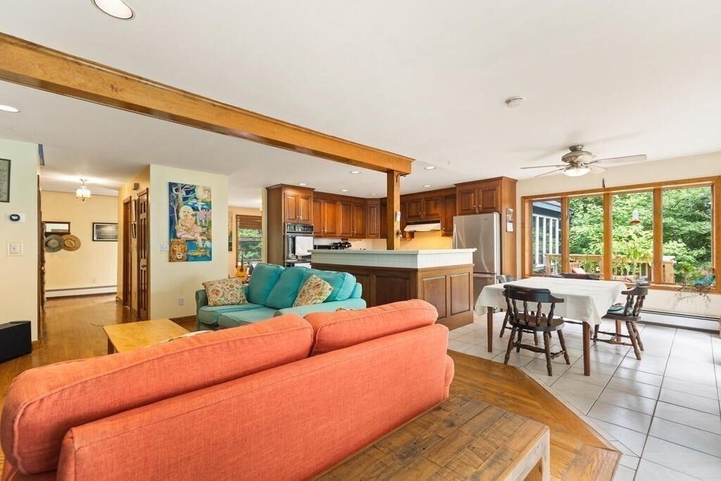 Dining room, Interior, Kitchen, Living room, Recessed Lighting, Stainless Steel Appliances, Wooden Beams
