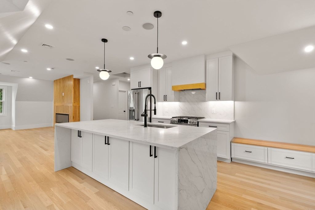 Interior, Kitchen, Pendant Lights, Recessed Lighting, Stainless Steel Appliances, Wood Texture Flooring