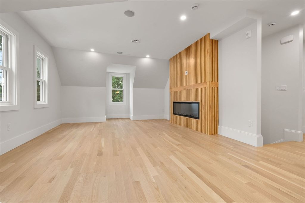 Empty room, Fireplace, Interior, Recessed Lighting, Wood Texture Flooring, Wooden Walls