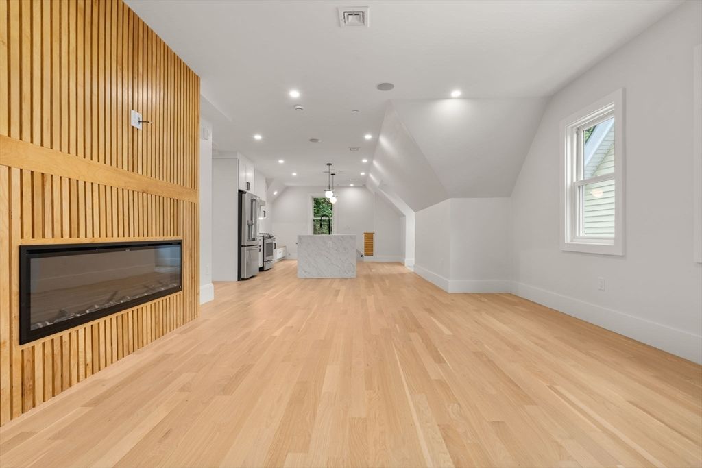 Interior, Kitchen, Pendant Lights, Recessed Lighting, Stainless Steel Appliances, Wood Texture Flooring, Wooden Walls