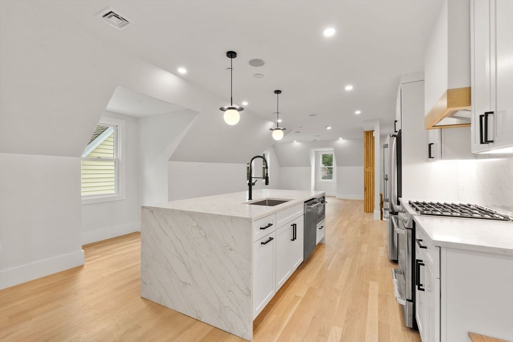 Interior, Kitchen, Pendant Lights, Recessed Lighting, Stainless Steel Appliances, Wood Texture Flooring