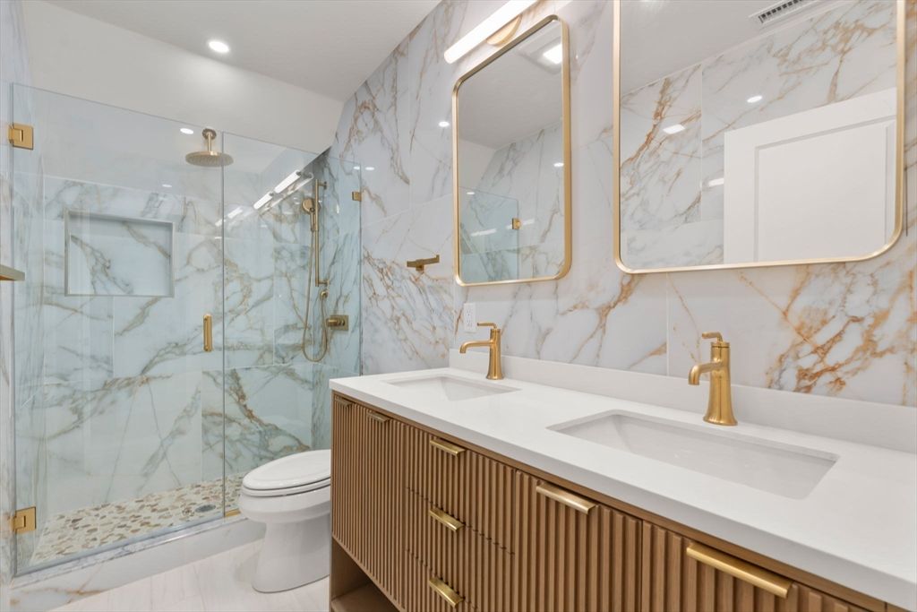 Bathroom, Dual Sink Vanities, Glass Shower, Interior, Marble Walls, Recessed Lighting
