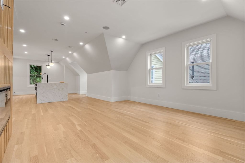Empty room, Interior, Kitchen, Pendant Lights, Recessed Lighting, Wood Texture Flooring