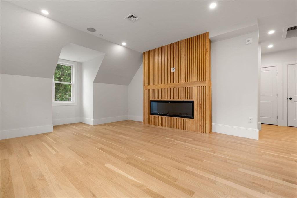 Empty room, Fireplace, Interior, Recessed Lighting, Wood Texture Flooring, Wooden Walls