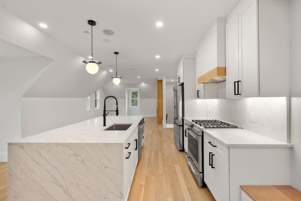 Interior, Kitchen, Pendant Lights, Recessed Lighting, Stainless Steel Appliances, Wood Texture Flooring