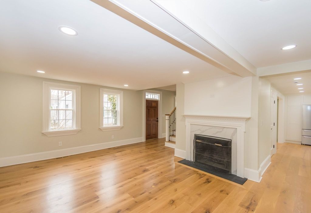 Empty room, Fireplace, Interior, Recessed Lighting, Wood Texture Flooring