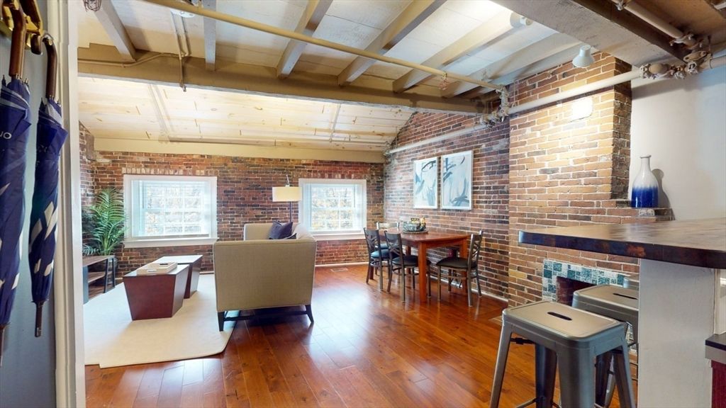 Dining room, Fireplace, Interior, Living room, Stone Walls, Wood Texture Flooring