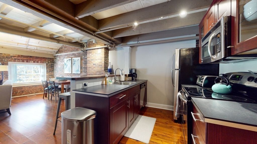Interior, Kitchen, Stone Walls, Wooden Beams, Wood Texture Flooring