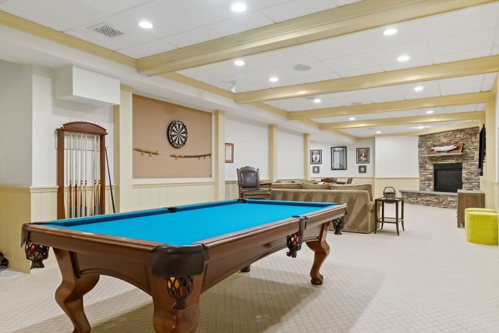 Billiard Table, Fireplace, Game Room, Interior, Recessed Lighting, Stone Walls