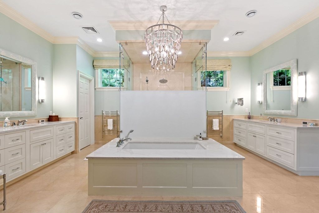 Bathroom, Chandelier, Dual Sink Vanities, Glass Shower, Interior, Recessed Lighting