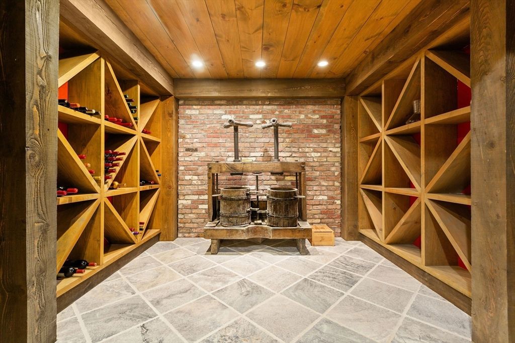 Fireplace, Interior, Recessed Lighting, Stone Walls, Wine Storage, Wooden Ceilings