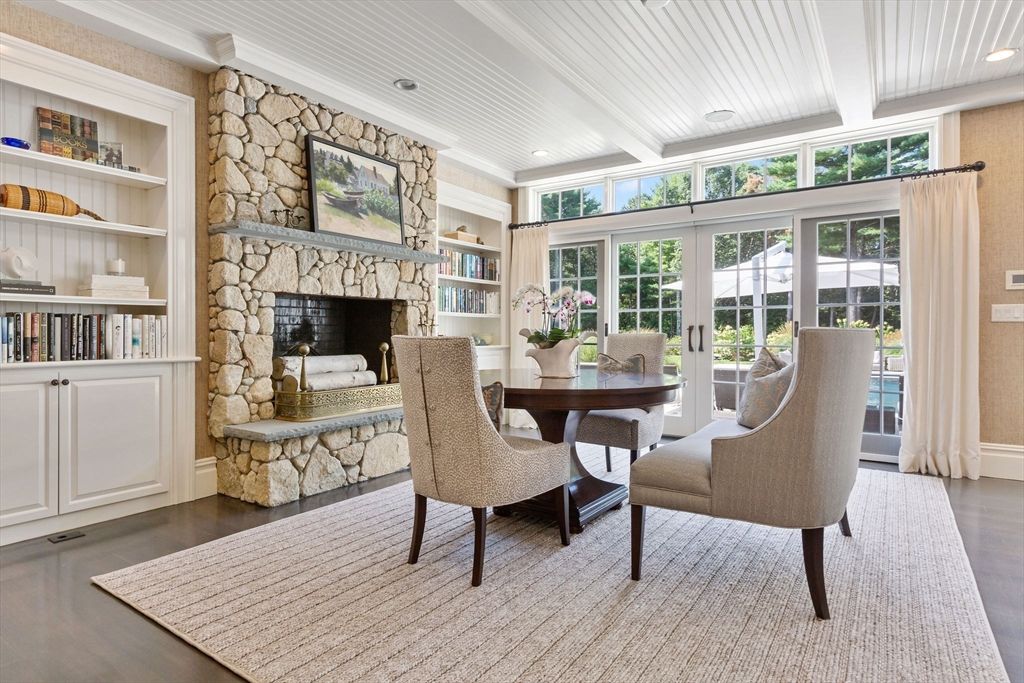 Fireplace, Home Office, Interior, Recessed Lighting, Stone Walls, Wood Texture Flooring