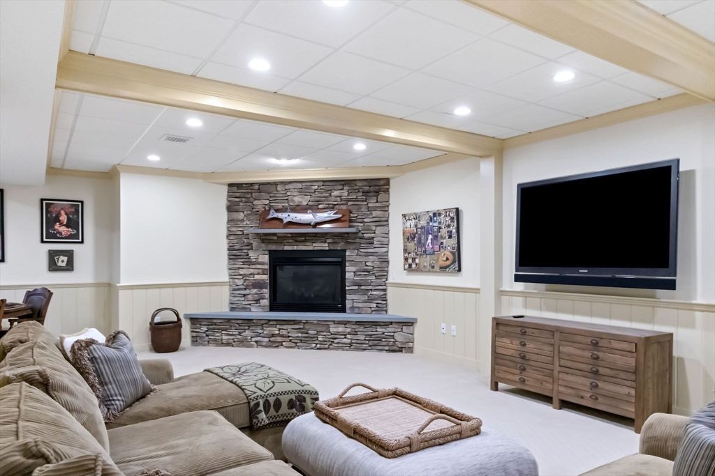 Fireplace, Interior, Living room, Recessed Lighting, Stone Walls