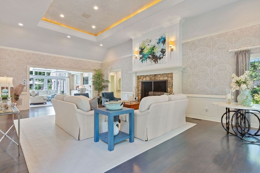 Fireplace, Interior, Living room, Recessed Lighting, Wood Texture Flooring