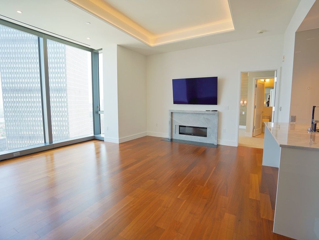 Empty room, Fireplace, Interior, Recessed Lighting, Wood Texture Flooring