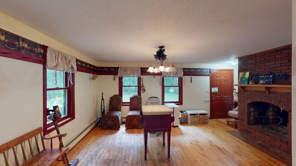 Fireplace, Interior, Piano, Stone Walls, Wood Texture Flooring