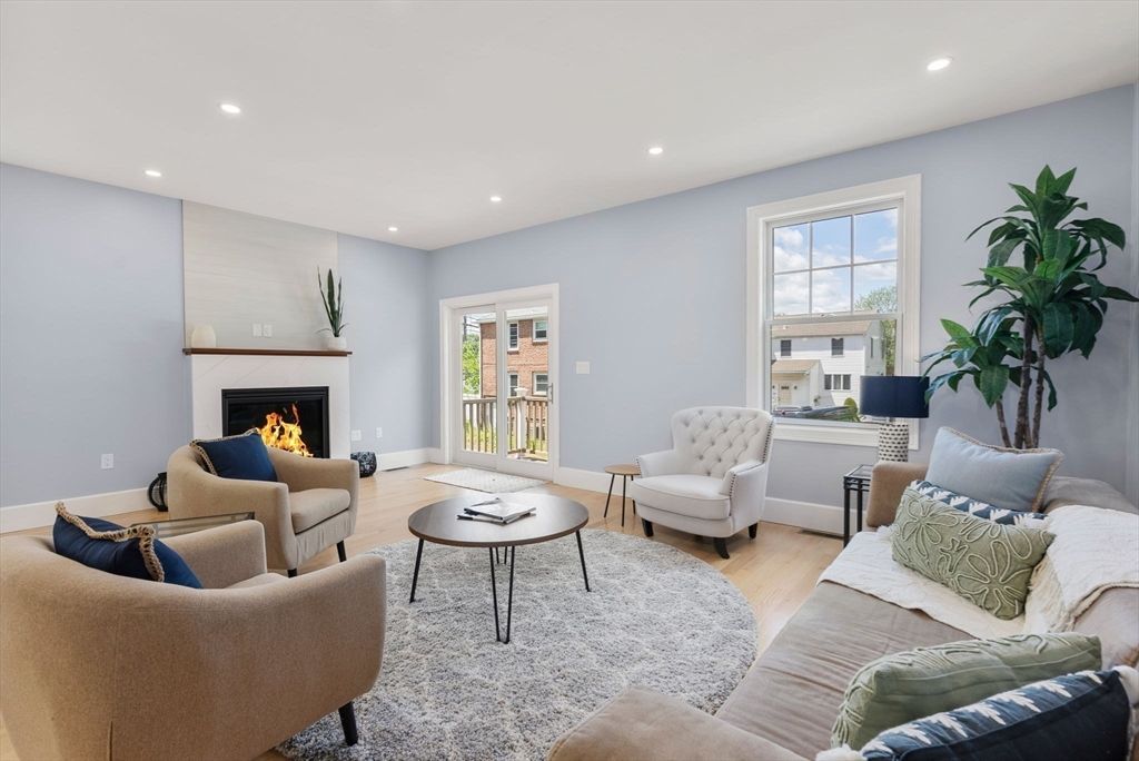 Fireplace, Interior, Living room, Recessed Lighting, Wood Texture Flooring