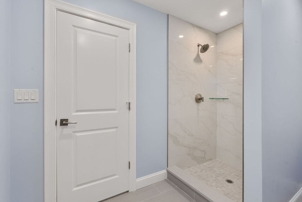 Bathroom, Glass Shower, Interior, Marble Walls, Recessed Lighting
