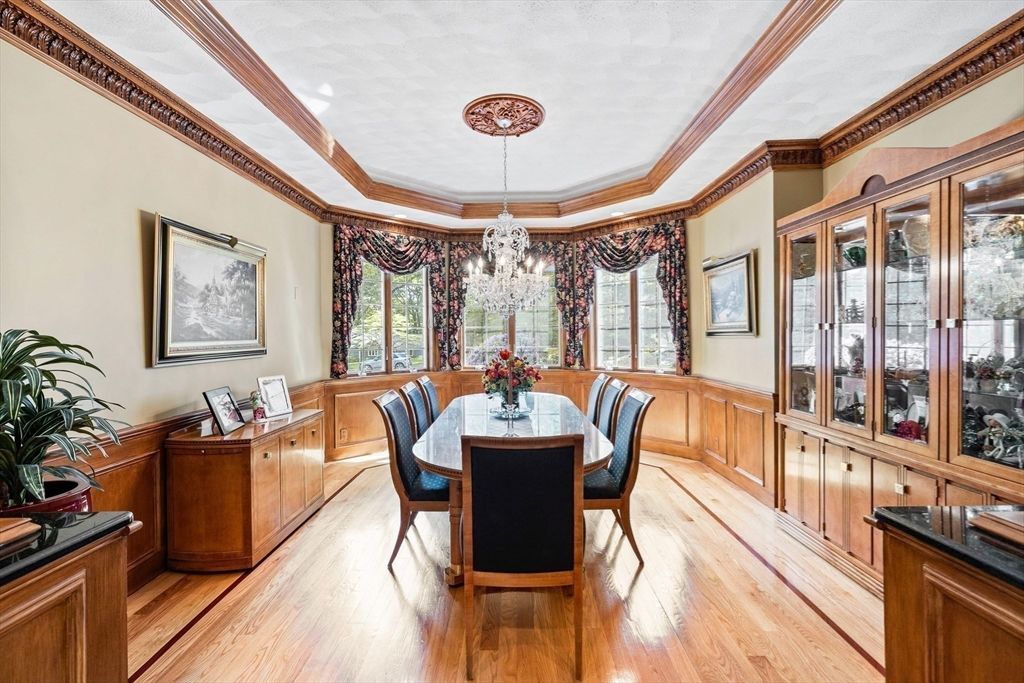 Chandelier, Dining room, Interior, Wood Texture Flooring