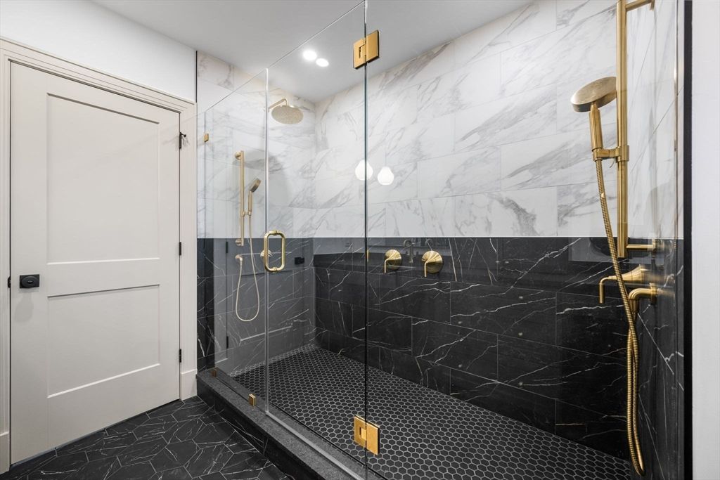 Bathroom, Glass Shower, Interior, Marble Walls, Recessed Lighting