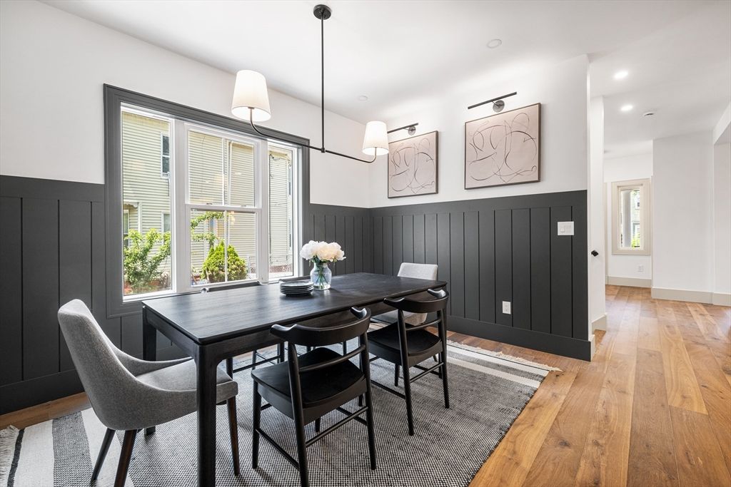Dining room, Interior, Pendant Lights, Recessed Lighting, Wood Texture Flooring