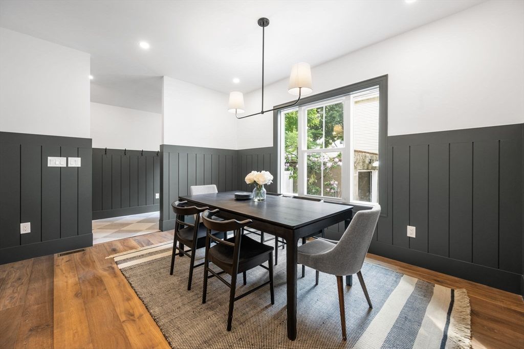 Dining room, Interior, Pendant Lights, Recessed Lighting, Wood Texture Flooring