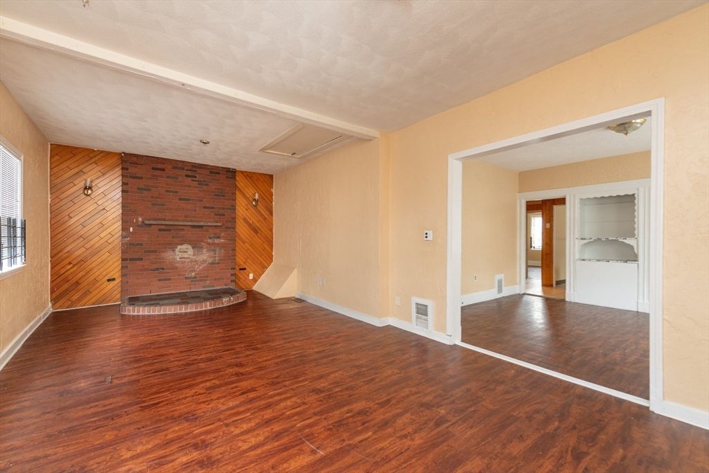 Empty room, Fireplace, Interior, Stone Walls, Wood Texture Flooring, Wooden Walls