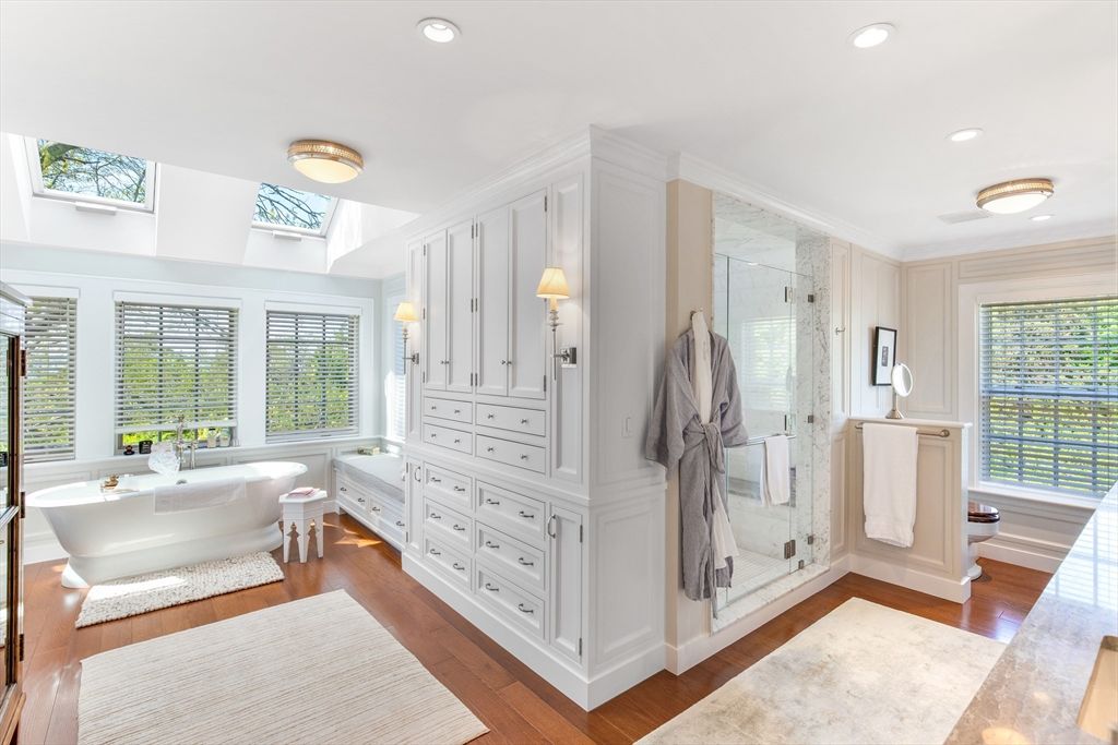 Bathroom, Free Standing Baths, Glass Shower, Interior, Recessed Lighting, Wood Texture Flooring