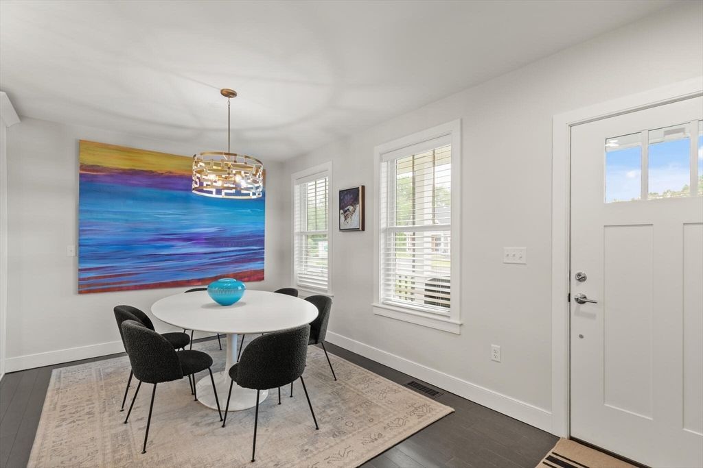 Dining room, Interior, Pendant Lights, Wood Texture Flooring