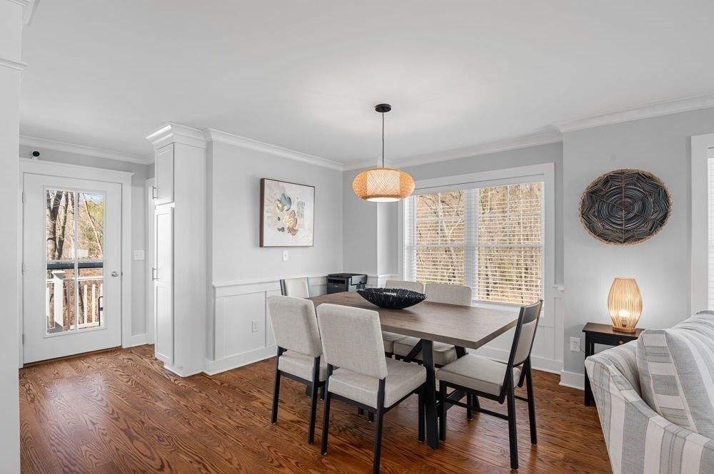 Dining room, Interior, Pendant Lights, Wood Texture Flooring