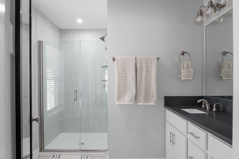 Bathroom, Glass Shower, Interior, Marble, Marble Walls, Recessed Lighting