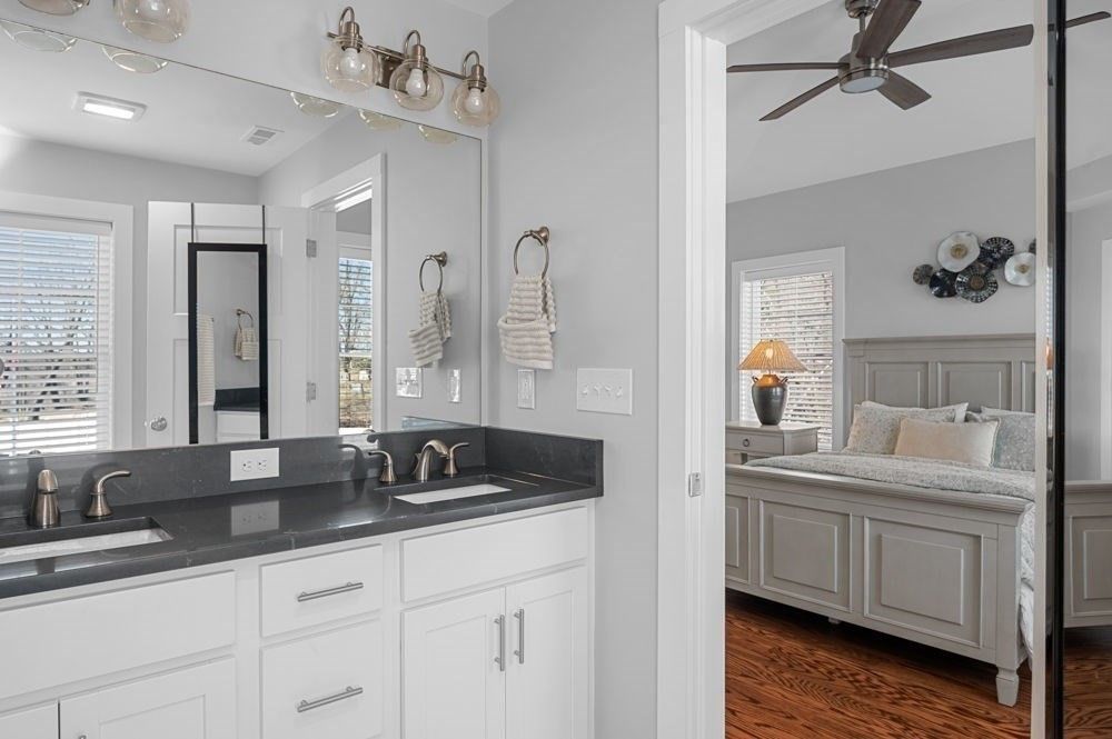 Bathroom, Bedroom, Dual Sink Vanities, Interior, Recessed Lighting, Wood Texture Flooring