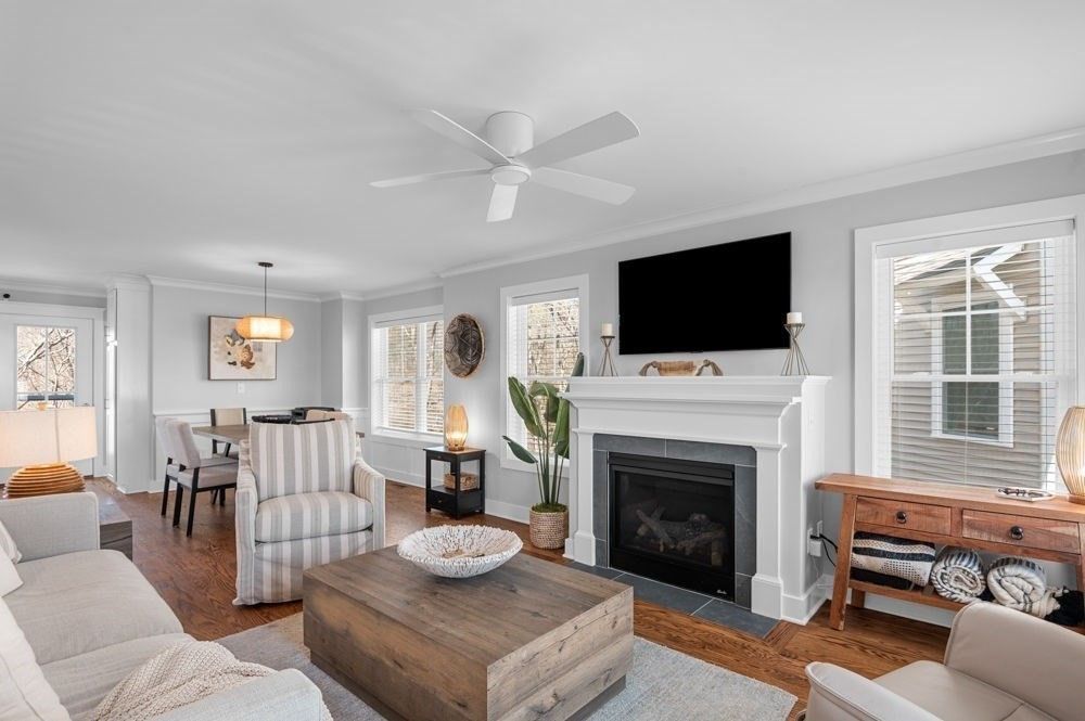 Dining room, Fireplace, Interior, Living room, Pendant Lights, Wood Texture Flooring