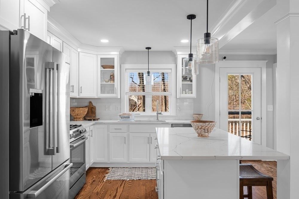 Interior, Kitchen, Pendant Lights, Recessed Lighting, Stainless Steel Appliances, Wood Texture Flooring