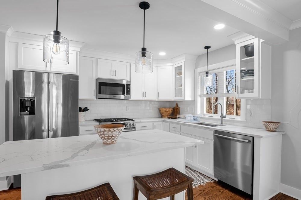 Interior, Kitchen, Pendant Lights, Recessed Lighting, Stainless Steel Appliances, Wood Texture Flooring